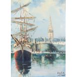 R Jainbot, oil on canvas, signed, Continental harbour view 12 1/2" x 9"