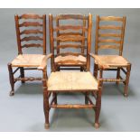 An 18th Century elm ladder back carver chair with woven rush seat together with an 18th Century