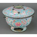 A 19th/20th Century Cantonese enamelled hanging censer and cover, the turquoise ground decorated