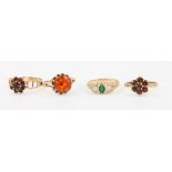 4 9ct yellow gold gem set rings size K 1/2, L 1/2", O and P 1/2