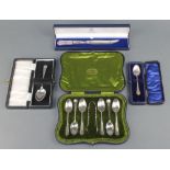 A cased set of Edwardian silver teaspoons and nips London 1910, 2 silver teaspoons and a ditto
