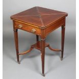 An Edwardian mahogany envelope card table fitted a drawer, raised on square tapering supports with X