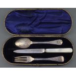 A Victorian silver 3 part christening set comprising knife, fork and spoon, in a fitted case, London