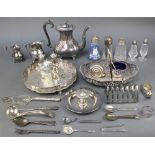 A silver plated teapot and minor plated items