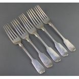 A matched set of 5 silver fiddle pattern table forks London 1839/45/46/73, 380 grams