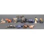2 carved hardstone figures of goats 5" and 4 1/2", 3 carved hardstone figures of tortoises 3" and 4"