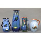 A Torquay vase decorated with a Kingfisher 5", do. with open handles 8", a jug decorated with a