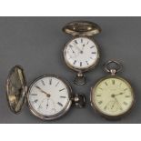 A silver key wind hunter pocket watch, ditto and a silver pocket watch The 1st item has a cracked
