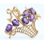 A 9ct gold yellow gold amethyst set basket brooch approx. 6ct, gross 10 grams