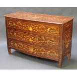 A Dutch style marquetry bow front chest of 3 long drawers raised on shaped feet 32"h x 49"w x 20"d