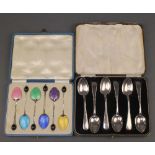 A set of 6 silver teaspoons Birmingham 1933 cased and 6 silver guilloche and enamel coffee spoons