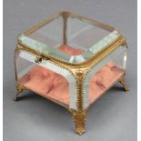 A Victorian square gilt metal and faceted glass trinket box with hinged lid and plush interior 4"