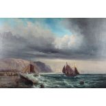 19th Century oil on canvas, unsigned, coastal cliff view with fisherman, boats and ships 19 1/2" x