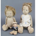 A Norah Wellings felt doll in the form of a sailor 8" and 2 other felt dolls 18" and 14" (some moth)