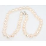 A string of cultured pearls with silver barrel clasp