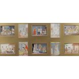 19th Century Indian watercolours, a set of 10 framed as 1, studies of figures in pavilions in