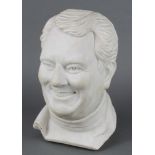 A carved marble portrait bust of a smiling gentleman 14" There is a 4" chip to the left collar