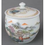 A Chinese 18th century style baluster vase and cover decorated with an extensive pavilion landscape,