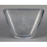 A stylish 1960's Scandinavian flattened glass vase decorated with a long boat 6"