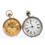 A lady's Edwardian 9ct yellow gold fob watch with champagne dial and a silver ditto