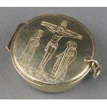 Omar Ramsden, a silver gilt Pyx box, the lid decorated with Christ on the cross with 2 attendants