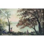 R Jainbot, after Corot, oil on panel, figures beside a lake 5" x 8"