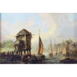 19th Century oil on board, unsigned, moored fishing boats 6" x 9"