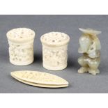 A carved Cantonese elliptical cotton winder 2", 2 ditto boxes 1" and a carved Nephrite figure of a