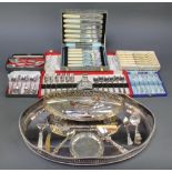 An oval silver plated 2 handled tray and minor plated items