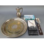An Edwardian silver plated circular tray and minor plated items
