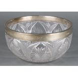 A cut glass fruit bowl with silver inscribed rim Sheffield 1905