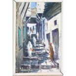 R Jainbot, oil on board, Mediterranean street scene with figures 12 1/2" x 8"