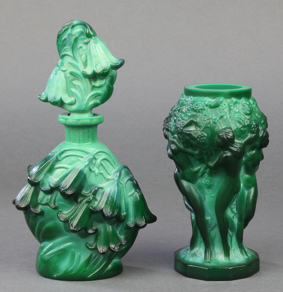 A malachite glass scent bottle and stopper decorated flowers 6 3/4", a ditto vase decorated with