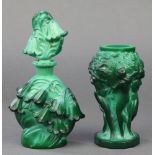 A malachite glass scent bottle and stopper decorated flowers 6 3/4", a ditto vase decorated with