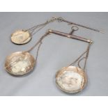 A pair of iron, mahogany and brass market scales marked 68 803 and 1 other set of market scales