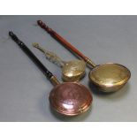 An oval Victorian pierced brass chestnut roaster (f and r) together with 2 copper and brass