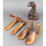 A Victorian carved mahogany armorial figure in the form of a bird 9" x 5" together with 2 pairs of