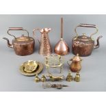 2 19th Century oval kettles (some dents), an oval waisted copper jug by Joseph Sankey & Sons, a