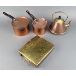 A Victorian rectangular brass foot warmer 2" x 9" x 7 1/2", 2 copper saucepans with lids and iron