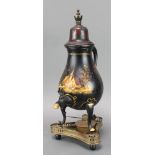 A Dutch pear shaped "Toleware" style spirit kettle/urn decorated a farmhouse, raised on cabriole