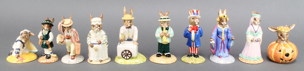 10 Royal Doulton Bunnykins figures - Queen Genevieve DB302 4", Uncle Sam DB50 42, Trumpet Player