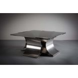 A CHROME COFFEE TABLE, ITALIAN, 1960s, with smoked glass top on a shaped base, 89cm square