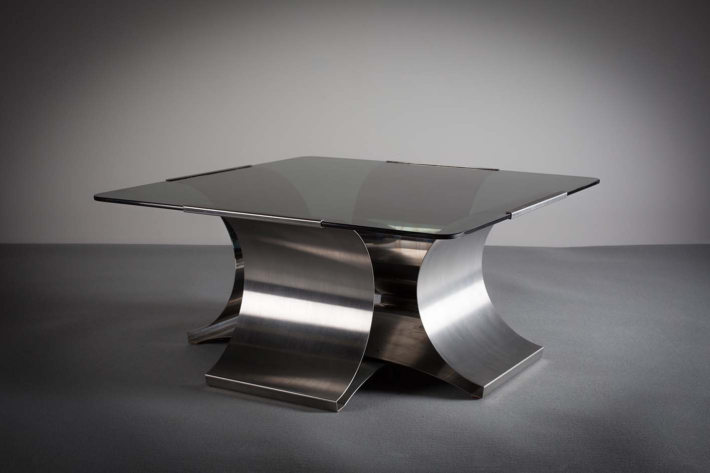 A CHROME COFFEE TABLE, ITALIAN, 1960s, with smoked glass top on a shaped base, 89cm square - Image 2 of 2