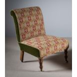 A SINGLE UPHOLSTERED VICTORIAN BEDROOM CHAIRS, BY VAUGHAN, LONDON, on turned mahogany legs on