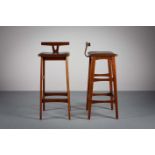 A PAIR OF TALL BAR STOOLS, BY ERIK BUCH FOR DYRLUND, DANISH, 1960s with leather seats on tapering