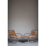 A PAIR OF MR CHAIRS, BY LUDWIG MIES VAN DER ROHE FOR KNOLL INTERNATIONAL, with original tanned