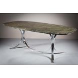 A GREEN MARBLE TOPPED DINING TABLE, on chrome splayed base, 198cm (l) x 98cm (d) x 73cm (h)
