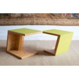 A PAIR OF ANGULAR SIDE TABLES, BY KNUT KLIMMEK, with laminate veneer tops and sides, 40cm (wide) x