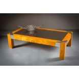 A BURR MAPLE AND CHROME MOUNTED COFFEE TABLE, FRENCH, 1970s, on block legs, 130cm (w) x 75cm (d) x