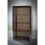 A CHROME AND SMOKED GLASS TWO DOOR UPRIGHT CABINET, ITALIAN, 76cm (w) x 140cm (h) x 37cm (d)